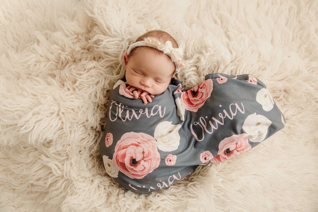 Personalized Swaddle Blanket, Personalized Blanket, Girl Roses Name