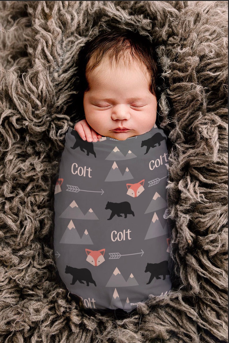 SALE Personalize swaddle blanket, baby name blanket, black bear blanket, fox blanket, tribal blanket, baby boy blanket, mountain blanket Sm Thin Swaddle