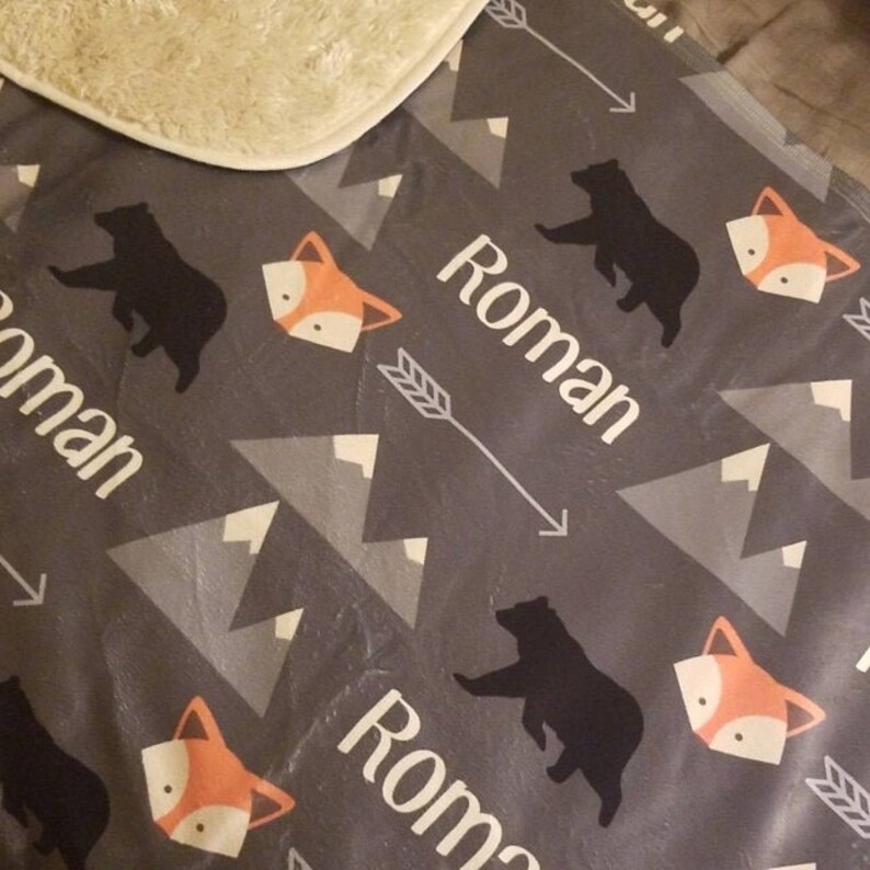 SALE Personalize swaddle blanket, baby name blanket, black bear blanket, fox blanket, tribal blanket, baby boy blanket, mountain blanket 40x30 Tan Sherpa