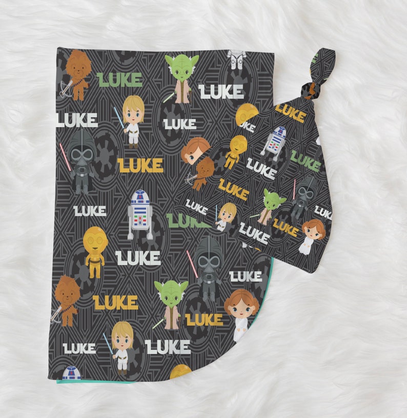 Darth Vadar Blanket, Star Wars Blanket, R2D2 Personalize Baby Blanket, Monochrome Blanket, StarWars Name Blanket Knotted Beanie Hat