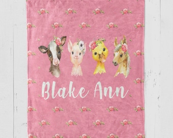 SALE! Personalized Name Blanket, Personalized Name Floral Blanket, Farm Animals Baby girl name blanket, personalized floral blanket
