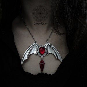 Gothic bat necklace, Bat pendant, Vampire goth necklace, Red cameo vampire necklace