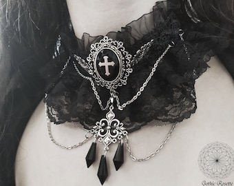 Victorian goth choker, gothic jewelry, Cross cameo gothic collar, Black lace choker with black crystals