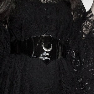 Moon belt, Black patent vegan leather gothic belt, Occult goth accessory, Faux leather corset belt