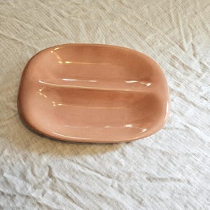 May include: A divided serving dish made of ceramic in a light pink color. The dish has a rounded rectangular shape with a smooth, glossy finish.