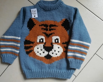 Pull enfant tête de tigre de 2 ans à 6 ans100% fait main