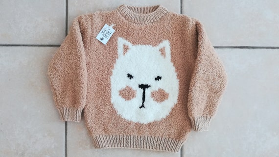 Pull enfant fille motif chat de 2 ans à 6 ans tricoté main 