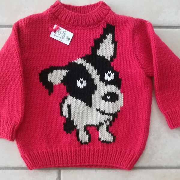 Pull rouge bébé et enfant  motif chien  de 1 an à 6 ans tricoté main