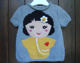 Pull enfant de 2 ans à 6 ans motif fille 100% tricoté main