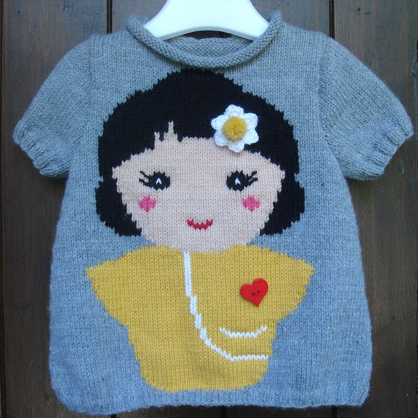 Pull enfant de 2 ans à 6 ans motif fille 100% tricoté main