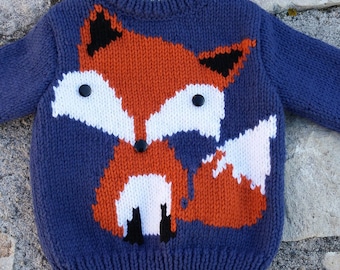 Pull enfant garçon motif renard de 18 mois à 6 ans tricoté main