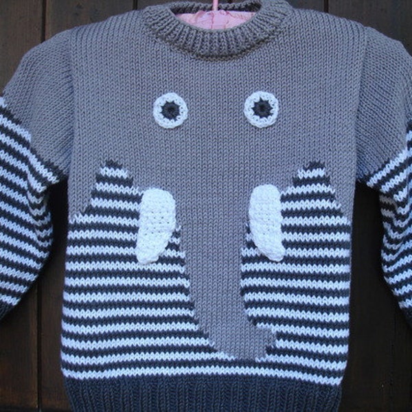 pull enfant manches longues motif éléphant en coton tricoté main de 18 mois à 6 ans