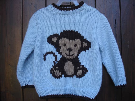 Baby and child boy monkey pattern sweater from 9 months to 6 years 100%  handmade