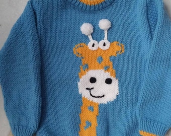 Pull enfant garçon motif girafe de 2 ans à 6 ans tricoté main