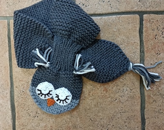 Echarpe hibou en tricot de laine pour bébés et enfants fait main