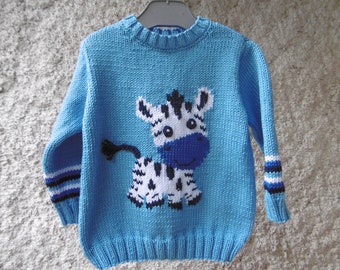 pull enfant motif zèbre manches longues en coton tricoté main de 18 mois à 6 ans