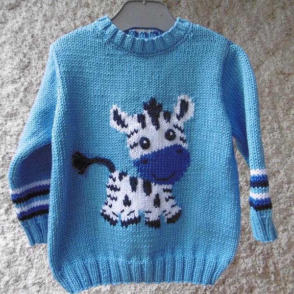 pull enfant motif zèbre manches longues en coton tricoté main de 18 mois à 6 ans