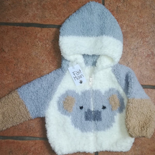 Gilet à capuche motif koala bébé et enfant  de 3 mois à 2 ans 100% fait main