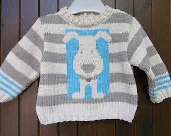 pull  bébé motif chien en coton tricoté main