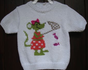 pull brassièrebébé et pull enfant en  coton manches courtes tricoté main motif souris de 6 mois à 24 mois