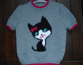 Pull bébé et enfant manches courtes motif chat de 9 mois à 6 ans manches courtes 100% tricoté main