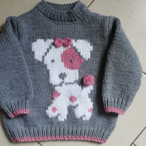 Girl&#39;s sweater with dog motif from 1 to 3 years old, hand knitted