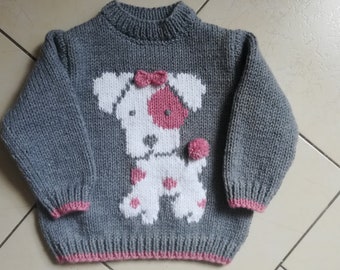 Pull fille motif chien de 1 an à 3 ans tricoté main