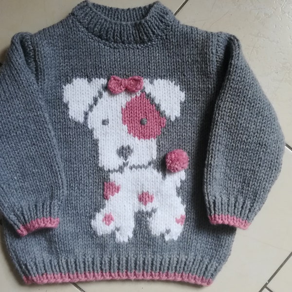 Pull fille motif chien de 1 an à 3 ans tricoté main