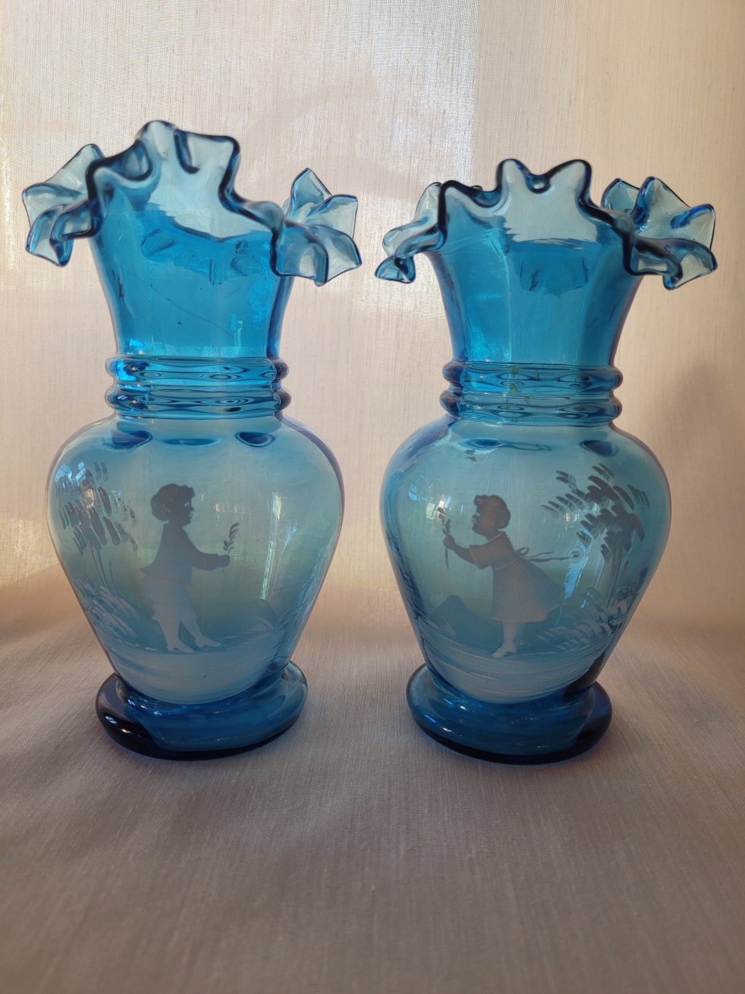 Vintage Mary Gregory Turquoise Glass Vases Hand Painted Girl and Boy ...