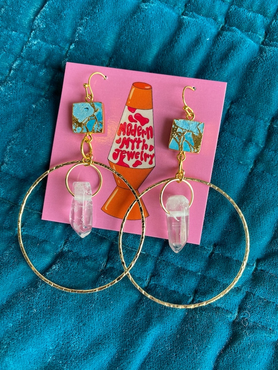 Turquoise copper hoops with quartz crystal / hoop earrings/ western hoops/ western earrings