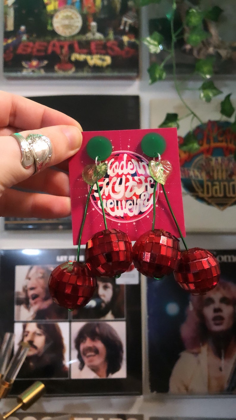 Cherry Bomb Earrings / Cherry Disco Earrings / Disco Ball Etsy