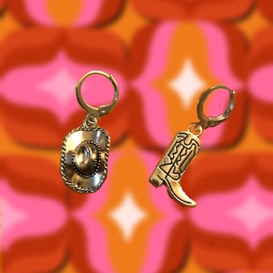 Cowgirl boot & hat huggies/ nash  bash/ Cowgirl earrings / Cowgirl hat/ mix match earrings/ mmj / disco Cowgirl / space Cowgirl /