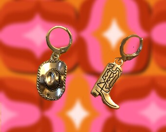 Cowgirl boot & hat huggies/ nash  bash/ Cowgirl earrings / Cowgirl hat/ mix match earrings/ mmj / disco Cowgirl / space Cowgirl /