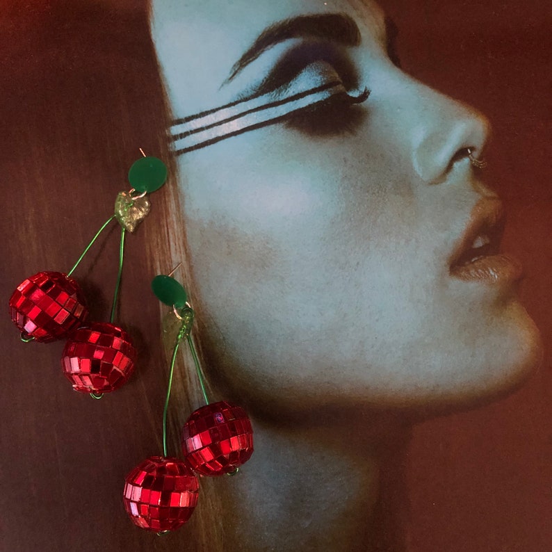 Cherry Bomb Earrings / Cherry Disco Earrings / Disco Ball Etsy