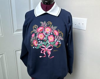 Vtg Morning Sun Sweater Womens XL Blue Floral Embroidered Collar 90s Grannycore
