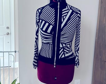 Vtg Joseph Ribkoff Zip Up Rouched Shacket White Black 80s Womens 8 Avant Garde