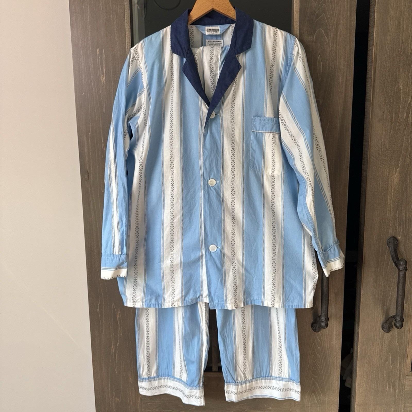 1950s Textron Striped Cotton Pajama Set Camp Collar Top & Pants