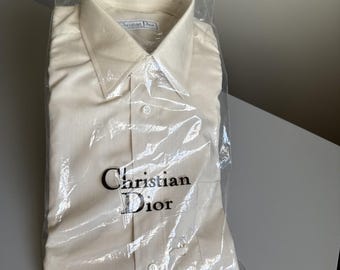Vintage Christian Dior Chemises Long Sleeve Button Down Beige Shirt NWT 15 32-33