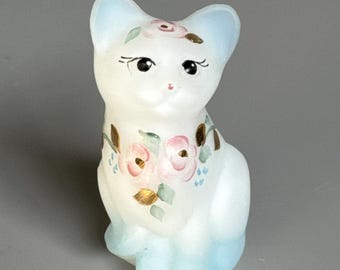 Fenton "Roses" Opal Satin Blue Cat Gold Leaf Floral Kitty Signed E. Lowe Vintage
