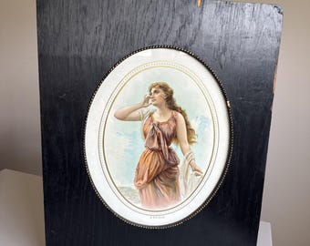 Antique Color Lithograph Print Signed Edouard Bisson "L'Echo" Wood Frame 18"x15"
