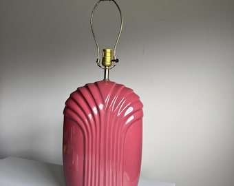 1980s Glossy Art Deco Revival Scalloped Table lamp Raspberry Mauve ceramic base