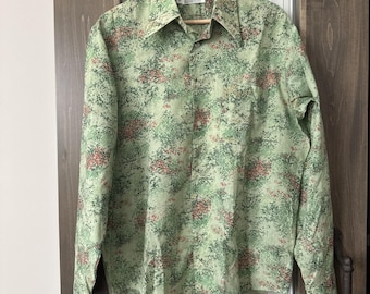 Montgomery Ward Long Sleeve Button Up Shirt Mens L Green Hipster 70s Festival