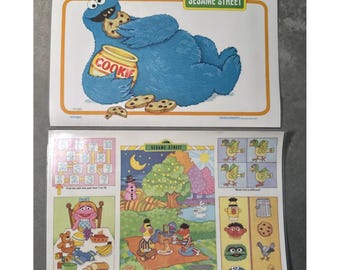 Lot Of 2 1981 Sesame Street Laminated Placemats Educational Games Double Sided