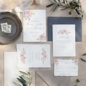 Spring blush floral wedding invitation set, watercolor florals wedding invite, floral wedding template, instant download