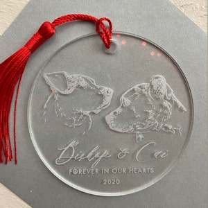 Custom pet sketch laser engraved ornament with pet name, pet ornament