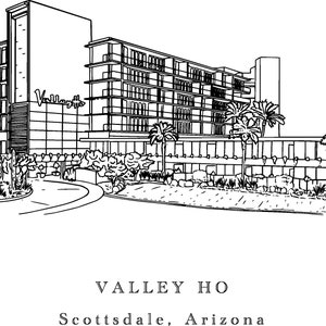 Valley Ho Hotel Wedding Venue Illustration, Scottsdale Arizona wedding venue, wedding invitation detail, letterpress
