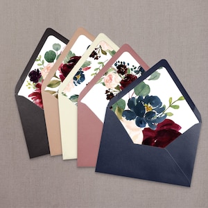 Burgundy and Navy Watercolor Floral Envelope liner template Collection, five designs, liners for wedding invitations, digital download, DIY