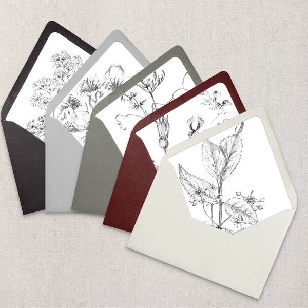 Sketched vintage Floral Envelope liner template Collection, five designs, liners for wedding invitations, digital download, DIY