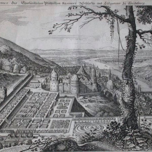 Matthäus I  MERIAN (1.593-1.650) l'ANCIEN, Gravure du Jardin et Palais (Hortus Palatinus) de l'Electeur Frederic en Heidelberg, c. 1620