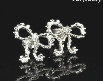 Handcrafted Sterling Silver Bow Stud Earrings: Zirconia Ribbon Jewelry